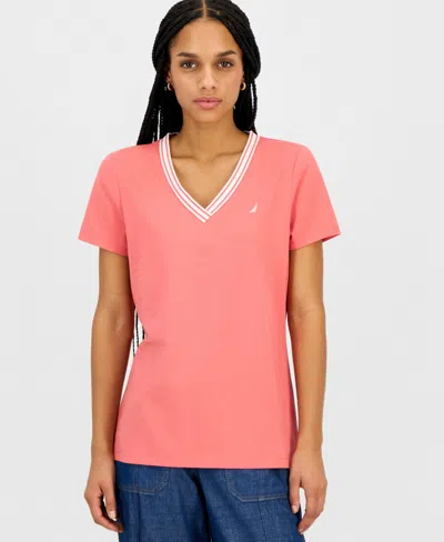 Nautica Jeans Women's Solid Stripe-trim V-neck In Pink
