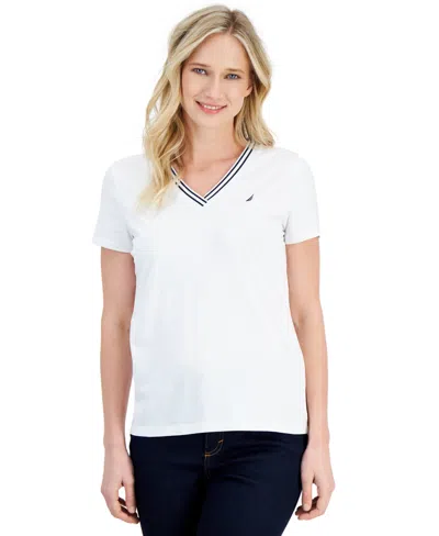 Nautica Jeans Women's Solid Stripe-trim V-neck In Regatta Red