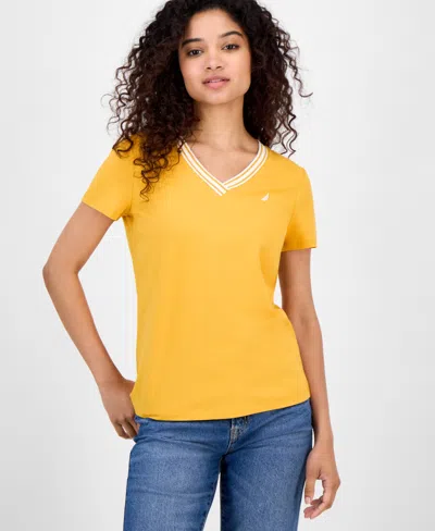 Nautica Jeans Women's Solid Stripe-trim V-neck In Yellow