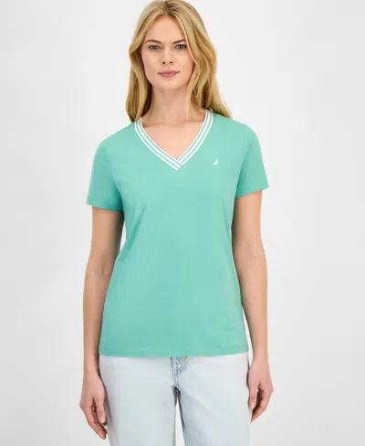 Nautica Jeans Women's Solid Stripe-trim V-neck In Green