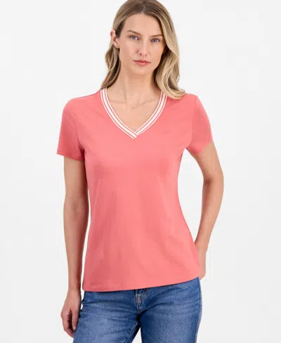 Nautica Jeans Women's Solid Stripe-trim V-neck In Red