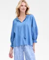 Nautica Jeans Women's Split-neck Ruffled-trim Blouse In Blue