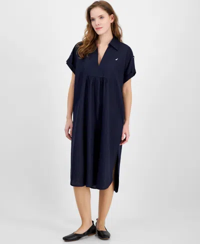 Nautica Jeans Women's Spread Collar V-neck Side-slit Dress In Night Sky