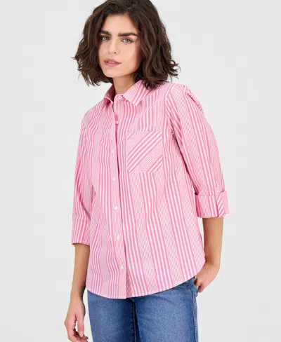 Nautica Jeans Women's Stripe Button-front Roll-tab-sleeve Cotton Shirt