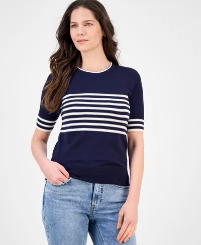 Nautica Jeans Women's Striped Button-trim Short-sleeve Sweater