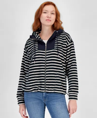 Nautica Jeans Women's Striped Hooded Zip-up Sweatshirt In Night Sky
