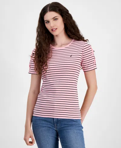 Nautica Jeans Women's Striped Lace-up Short-sleeve T-shirt In Taffy Pink