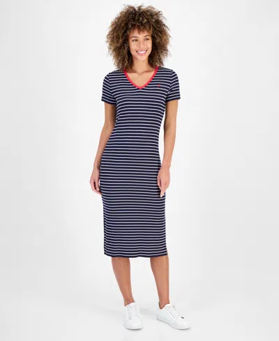 Nautica Jeans Women's Striped Rib-knit Midi T-shirt Dress In Night Sky