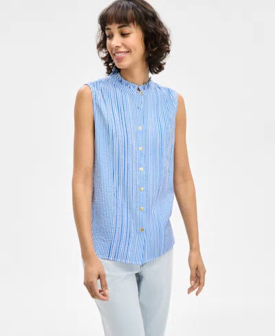 Nautica Jeans Women's Striped Ruffle-neck Sleeveless Top In Pacific,bright White