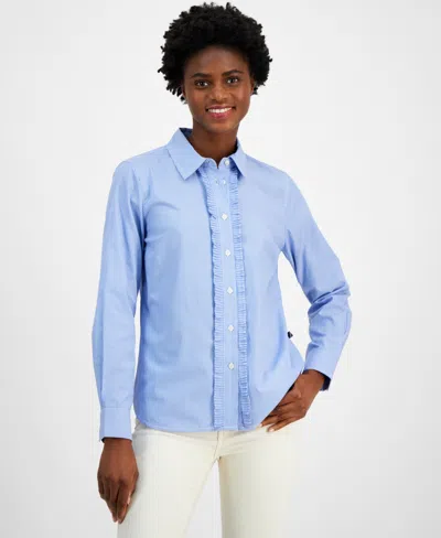 Nautica Jeans Women's Striped Ruffled Button-front Cotton Shirt In Blue,white