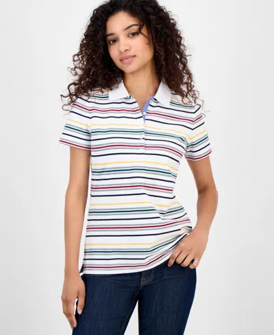 Nautica Jeans Women's Striped Short-sleeve Polo Shirt In White
