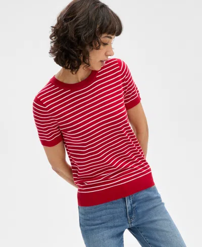 Nautica Jeans Women's Striped Short-sleeve Sweater In Scarlet,ivory