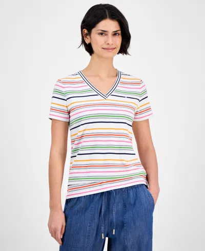 Nautica Jeans Women's Striped V-neck T-shirt In Bright White Multi