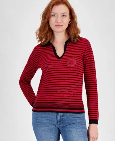 Nautica Jeans Women's Textured-stripe Johnny-collar Sweater In Black,haute Red