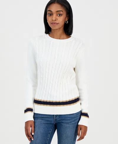 Nautica Jeans Women's Thick-tipped Cable-knit Crewneck Sweater In White