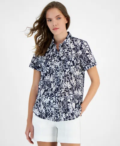 Nautica Jeans Women's Tiki Print Cotton Button-front Shirt In Nigh Sky,b