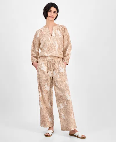 Nautica Jeans Women's Tile-print Linen-blend Wide-leg Pants In Parchment Multi