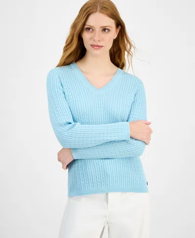 Nautica Jeans Women's V-neck Cable Knit Sweater, Online Only In Blue