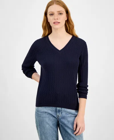 Nautica Jeans Women's V-neck Cable Knit Sweater, Online Only In Blue