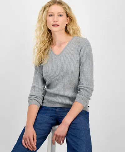 Nautica Jeans Women's V-neck Cable Knit Sweater, Online Only In Gray