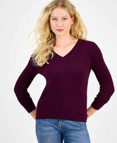 Nautica Jeans Women's V-neck Cable Knit Sweater, Online Only In Purple
