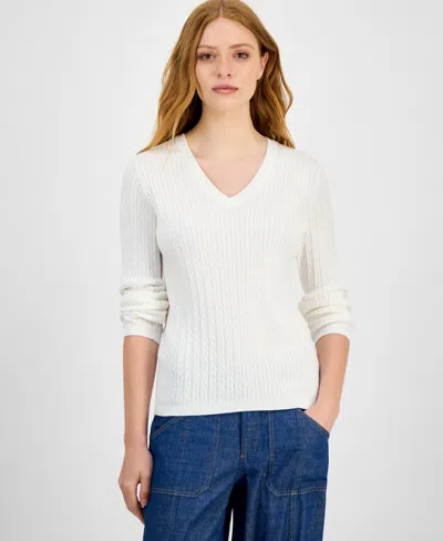 Nautica Jeans Women's V-neck Cable Knit Sweater, Online Only In White