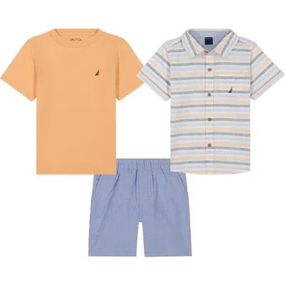 Nautica Kids' 3-piece T-shirt, Button-up Shirt & Shorts Set In Orange