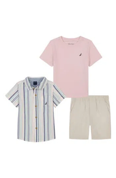 Nautica Kids' Button-up Shirt, T-shirt & Shorts Set In Pink