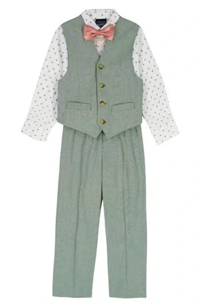 Nautica Kids' Button-up Shirt, Waistcoat, Pants & Bow Tie Set In Green