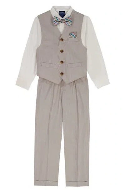 Nautica Kids' Mini Stripe Button-up Shirt, Waistcoat, Pants & Bow Tie Set In Brown