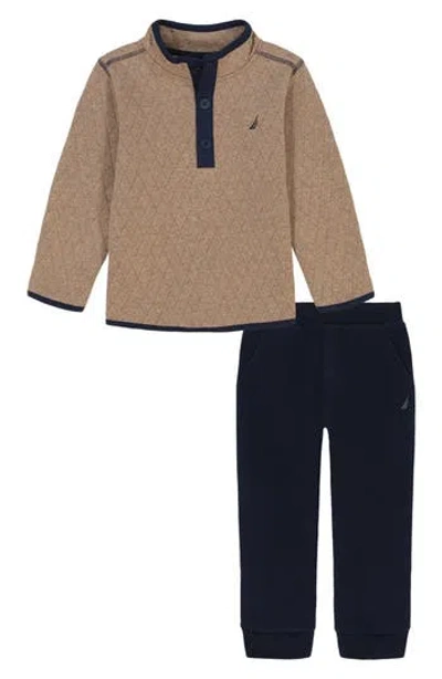 Nautica Kids' Quilted Button Pullover & Fleece Joggers Set In Brown