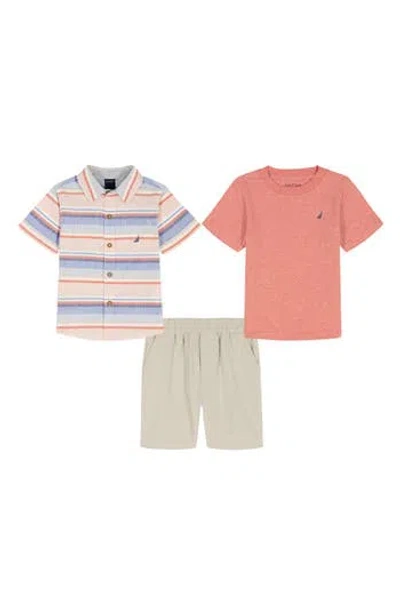 Nautica Kids' Short Sleeve Button-up Shirt, T-shirt & Shorts Set In Multi