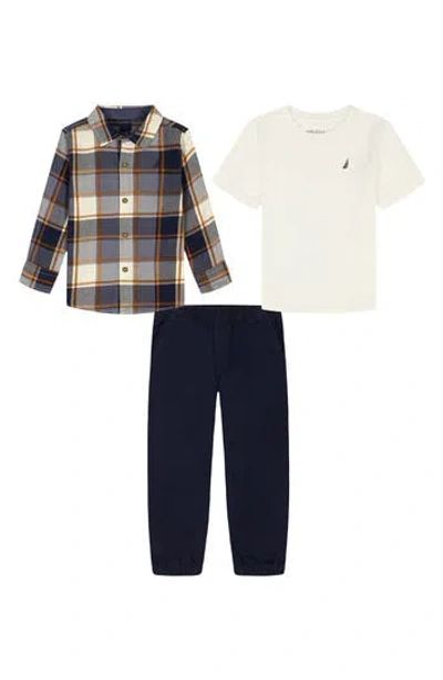 Nautica Kids' T-shirt, Flannel & Pull-on Pants Set In Blue