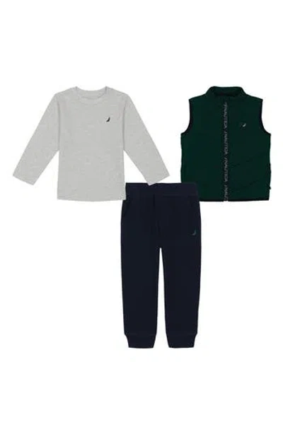 Nautica Kids' T-shirt, Zip Vest & Joggers Set In Heather/forest/navy