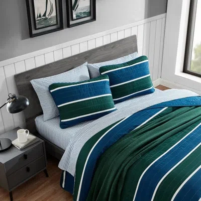 Nautica Knots Cove Navy Cotton Reversible Quilt Set In Blue;navy