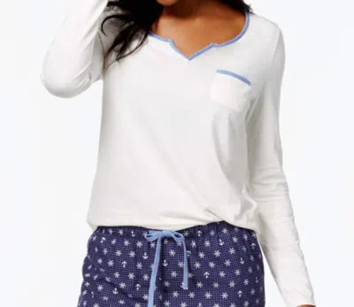 Nautica Lace Design Long Sleeve Pajama Top In Navy Print In White