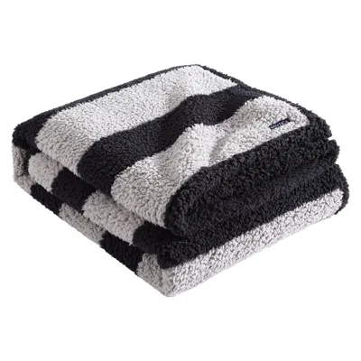 Nautica Lawndale Grey Striped Faux Shearling Throw Blanket In Black