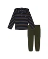 Nautica Little Boy Long Sleeve Hooded Henley Striped Thermal Top Twill Cargo Joggers Set In New Sport Navy,prime Olive
