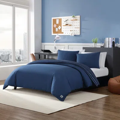 Nautica Longdale Solid Stripe Navy Twin Reversible Duvet Cover & Sham Set In Blue