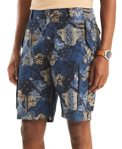 Nautica Men's Classic-fit Stretch Paisley Patchwork-print 9-1/2" Cargo Shorts In Navy Seas