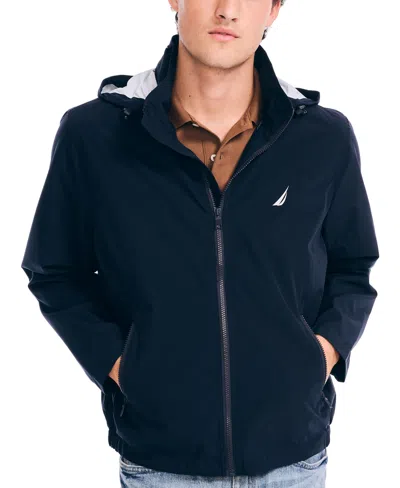 Nautica Men's Classic Rainbreaker Hooded Zip-front Lightweight Jacket In Navy