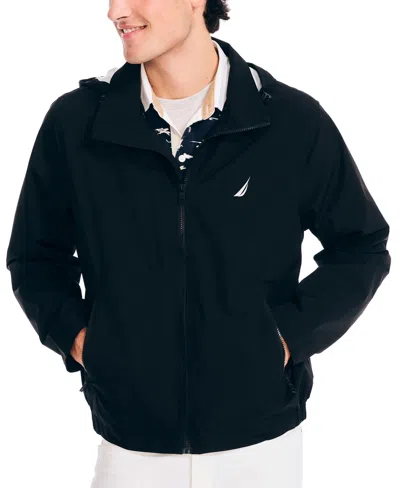 Nautica Men's Classic Rainbreaker Hooded Zip-front Lightweight Jacket In True Black