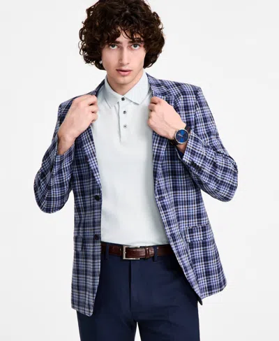 Nautica Men's Cotton & Linen Printed Modern-fit Sport Coat In Navy Plaid