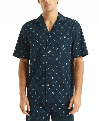 Nautica Men's Crafted Printed Camp Sleep Pajama Shirt In Maritime Navy