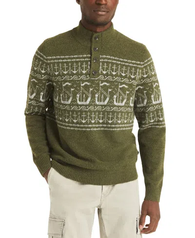 Nautica Men's Fairisle Button Up Mock Neck Sweater In Green