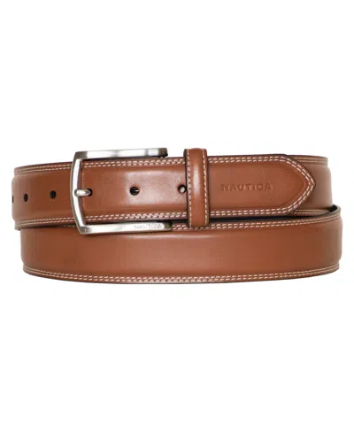 Nautica Men's Inlay Logo Signature Double Stitch Leather Belt In Cognac