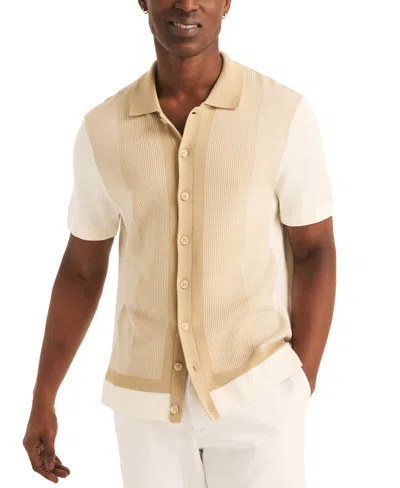 Nautica Men's Jacquard Short Sleeve Striped Button-front Shirt In Marshmallow