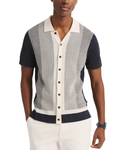 Nautica Men's Jacquard Short Sleeve Striped Button-front Shirt In Navy Seas