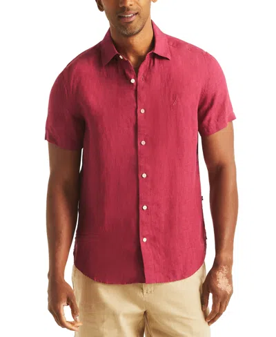 Nautica Men's Linen Solid-color Short-sleeve Classic-fit Shirt In Crimson Sunset