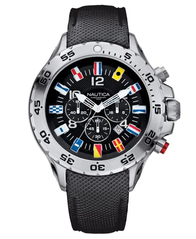 Nautica Men's N16553g Nst Chrono Flags Black Resin-coated Leather Strap Watch In Black,silver